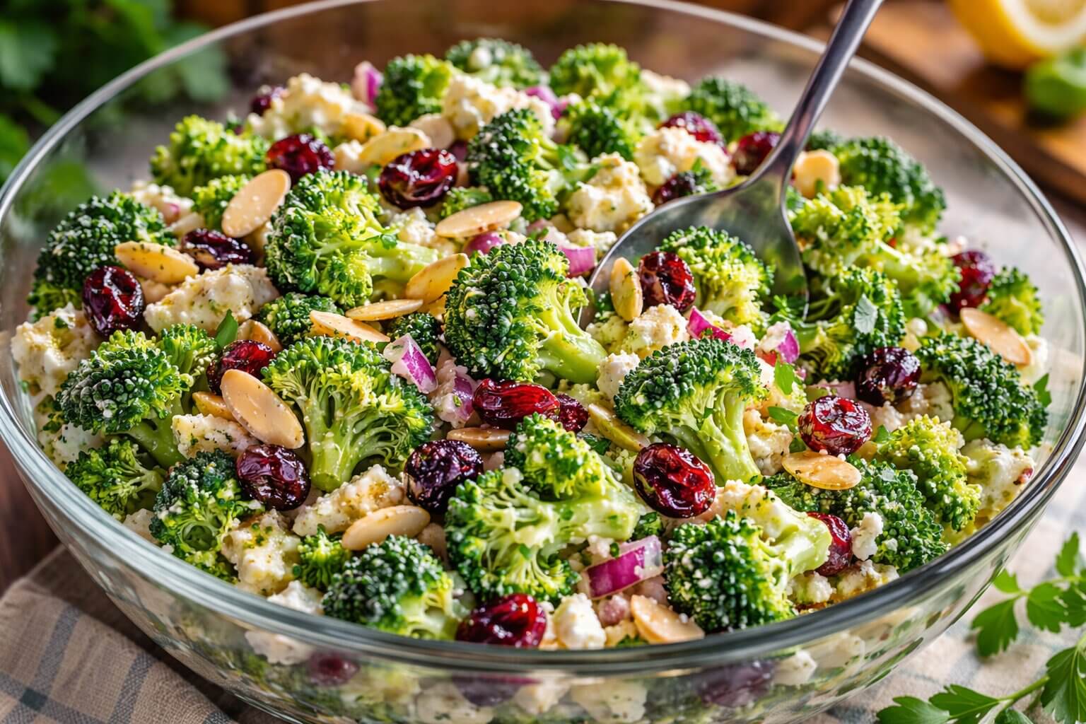 Mediterranean Broccoli Salad Recipe with feta and lemon dressing.