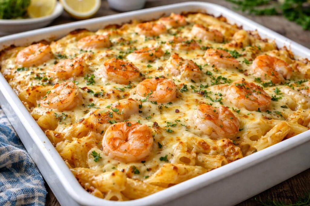 Mediterranean Shrimp Scampi Pasta Bake Hero Shot.