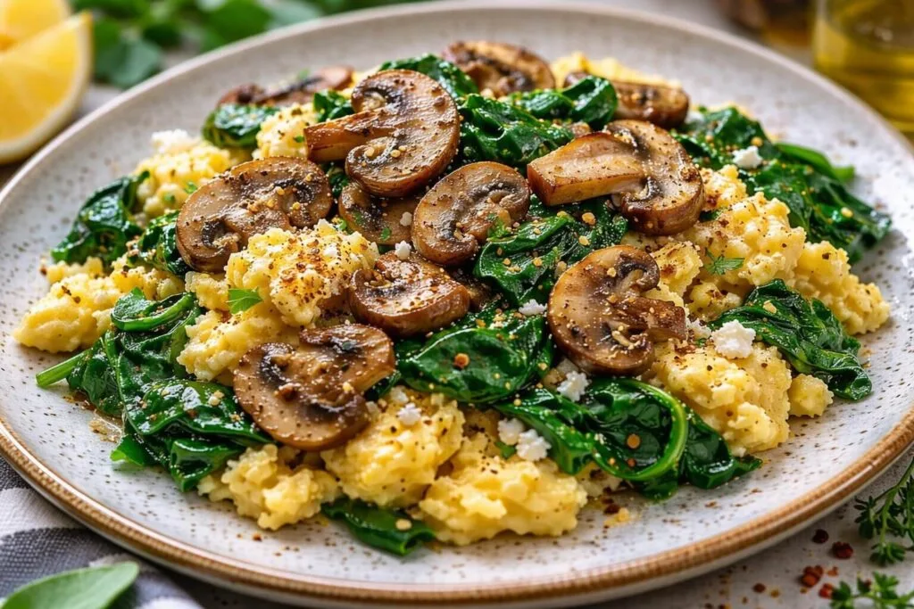 Mediterranean Mushroom and Spinach Scrambled Eggs on a white plate
