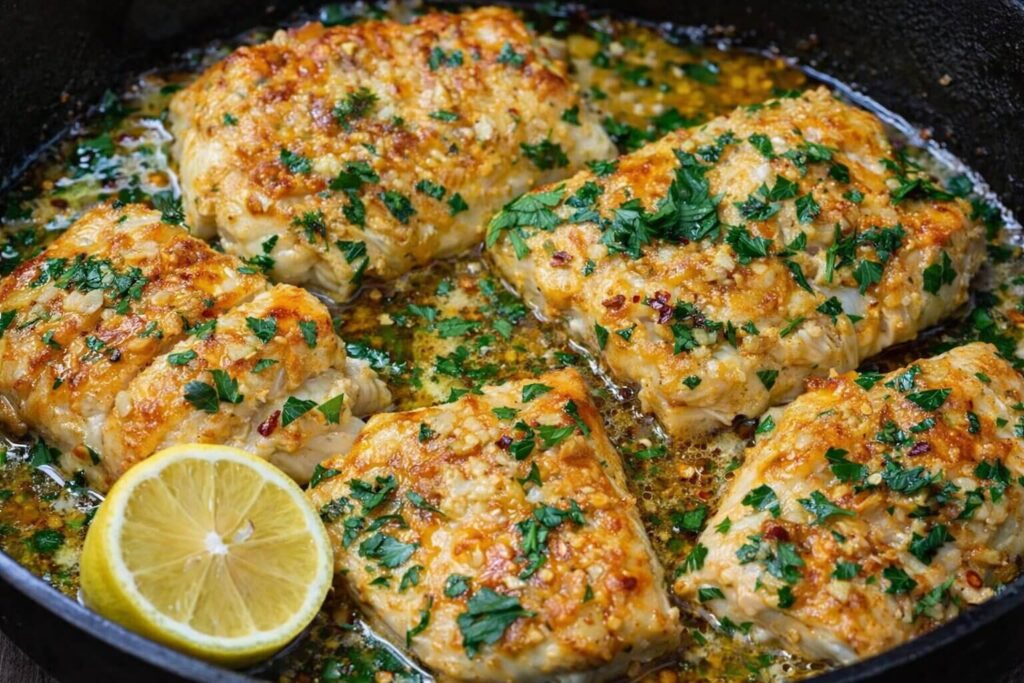 Mediterranean Lemon Garlic Baked Cod in a skillet with lemon butter sauce.