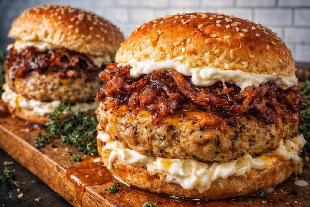 Mediterranean goat cheese burger with lemon garlic aioli and crispy onions on a wooden board.