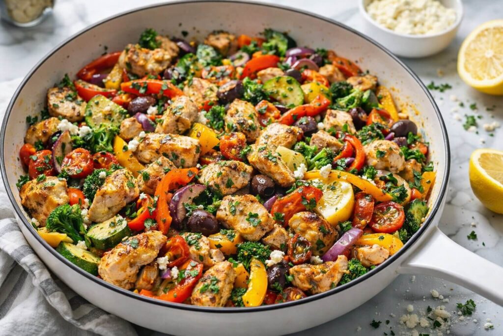 Top-down view of a healthy Mediterranean chicken stir fry with vegetables and feta in a skillet.