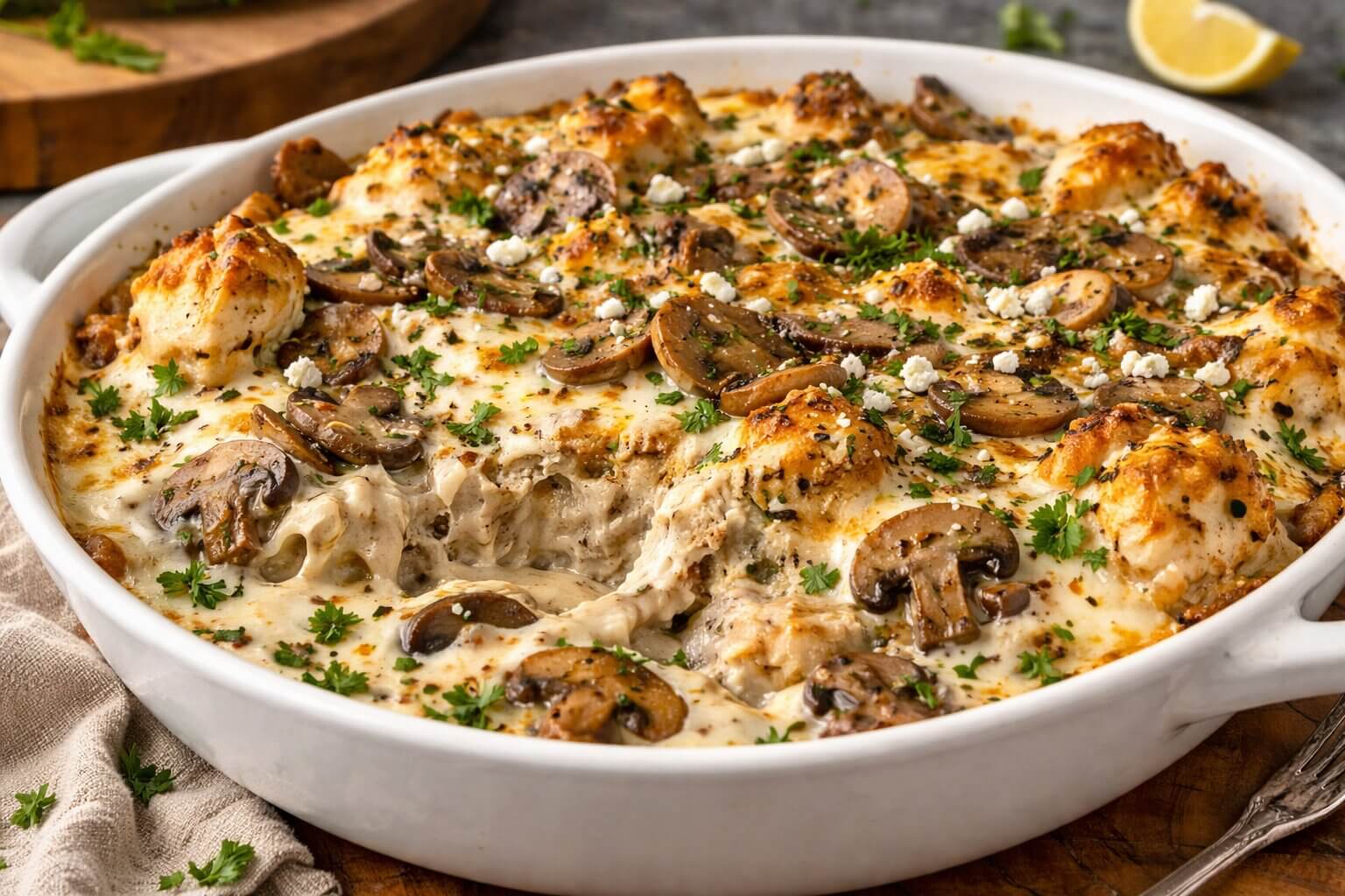 Golden brown creamy chicken mushroom casserole topped with melted mozzarella and fresh herbs.