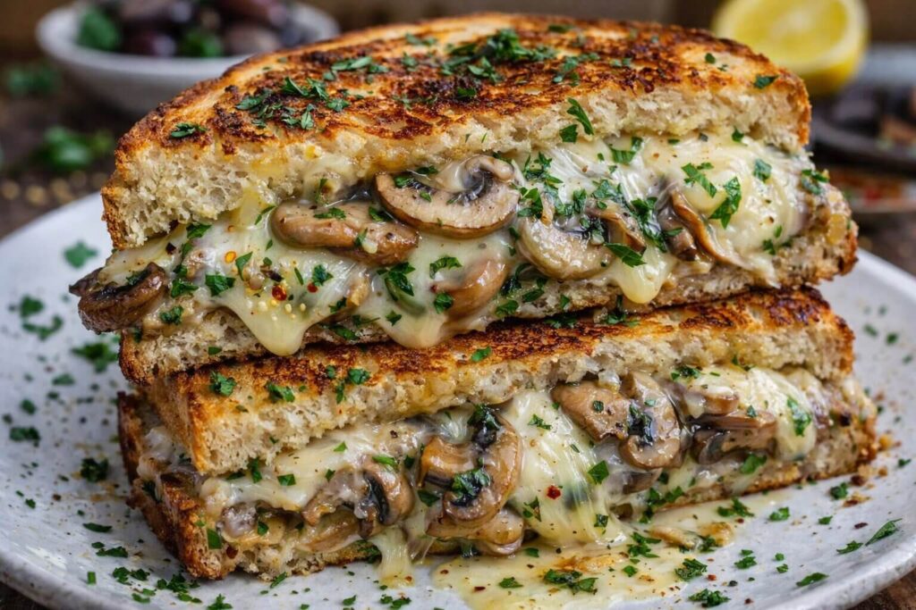 Mediterranean Garlic Mushroom Grilled Cheese with melted mozzarella and feta.