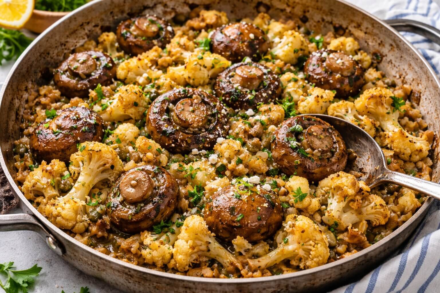 Mediterranean Garlic Mushrooms and Cauliflower Skillet in a cast iron pan.