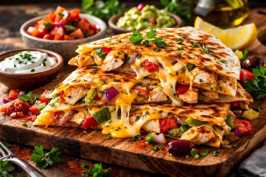 Crispy Mediterranean chicken quesadillas with melted cheese and bell peppers on a white plate.