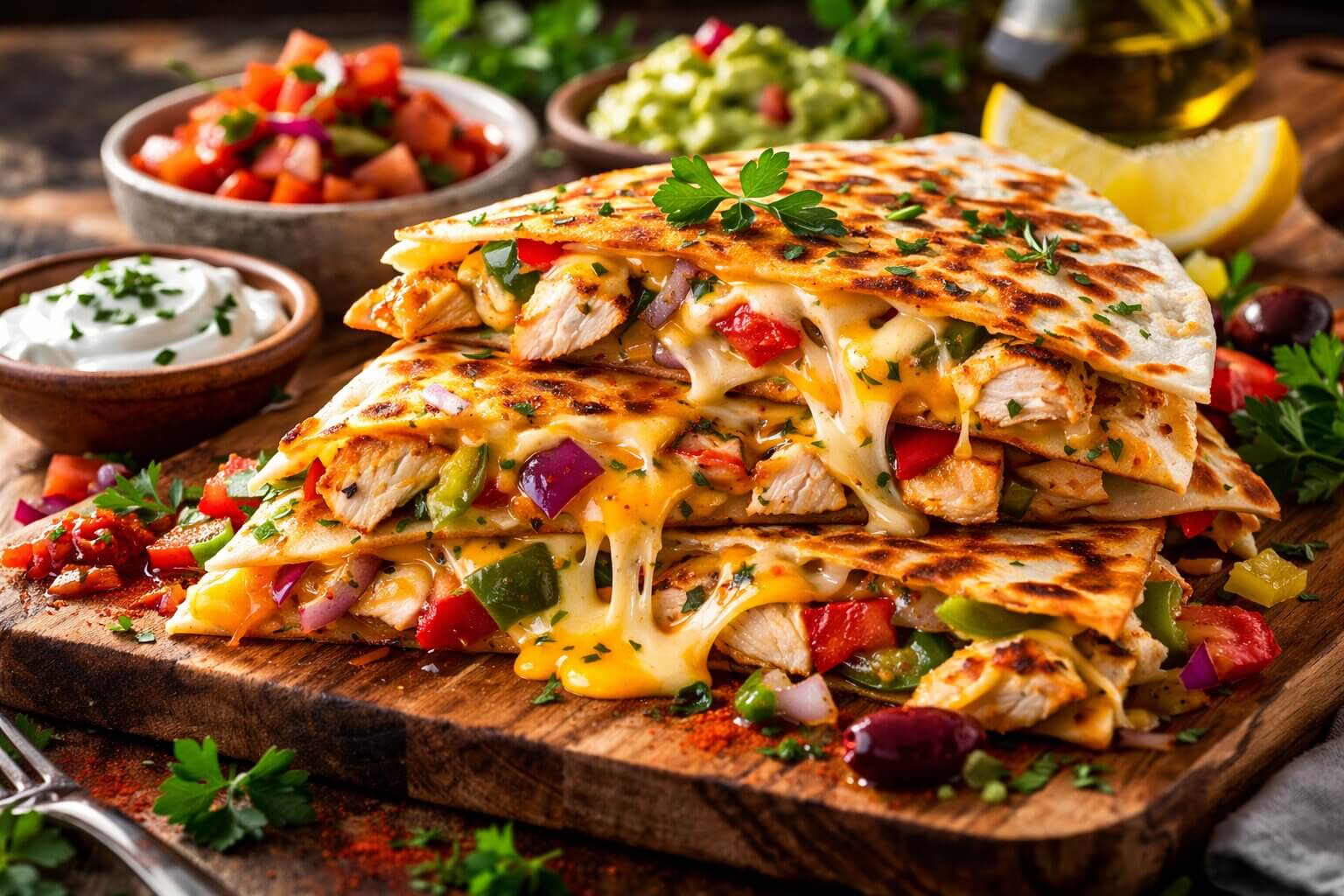 Crispy Mediterranean chicken quesadillas with melted cheese and bell peppers on a white plate.