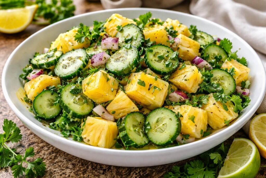 A refreshing Mediterranean pineapple cucumber salad with lime and olive oil in a white bowl.