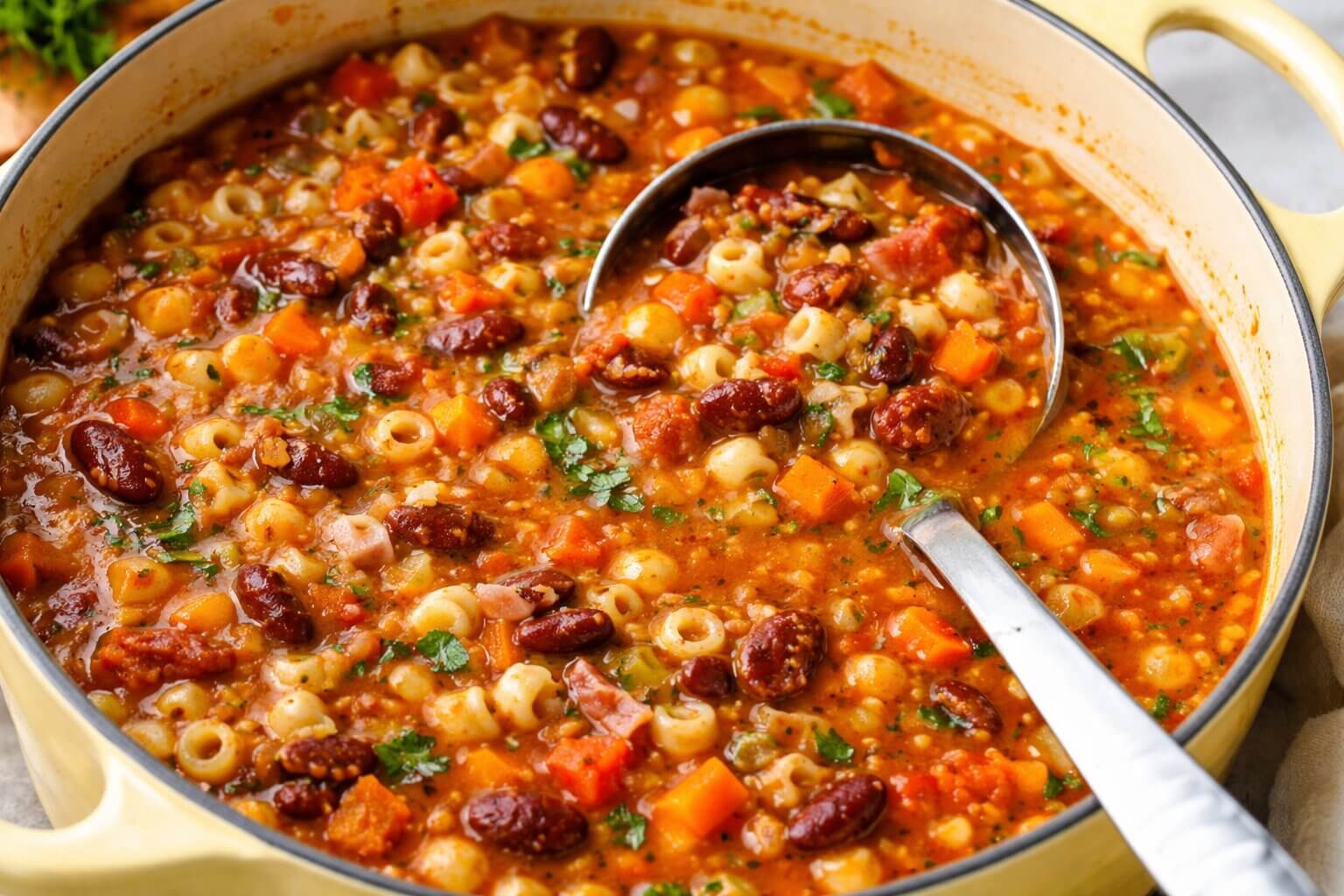 Authentic Pasta e Fagioli Recipe in a rustic bowl with rosemary garnish.