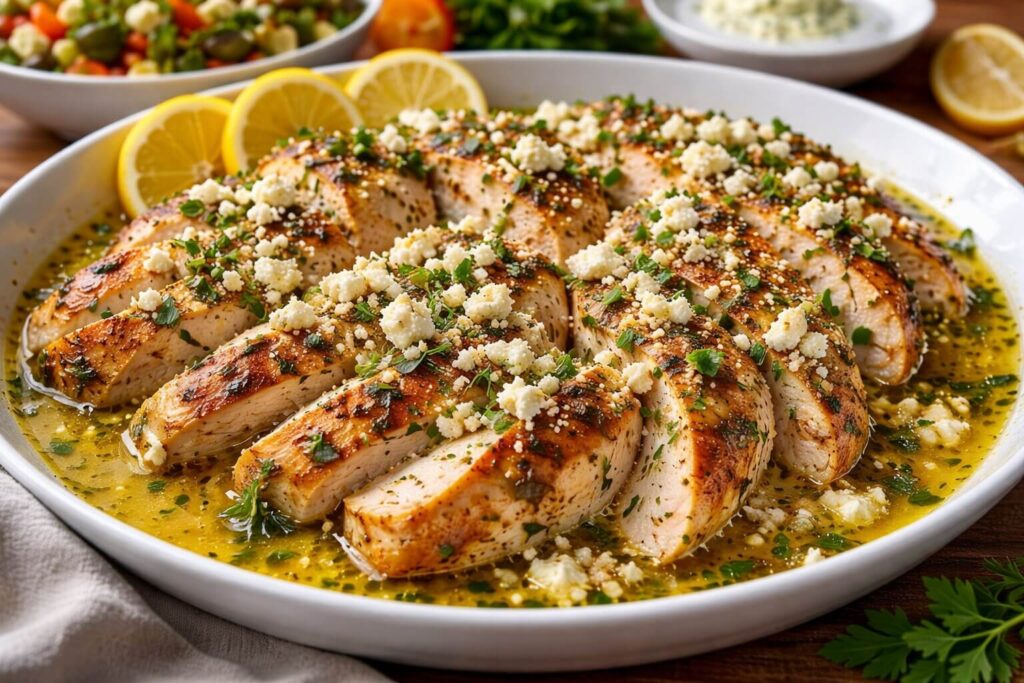 Mediterranean garlic butter chicken skillet with feta and parsley.