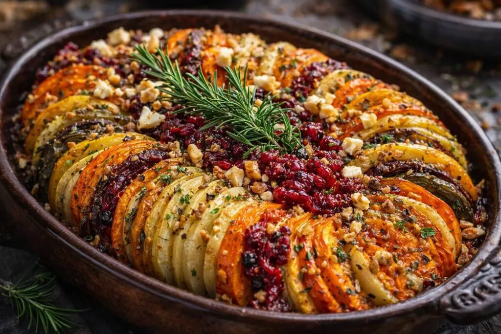 Layered Sweet Potato Squash and Parsnip Bake with Cranberry Honey Drizzle in a ceramic dish.
