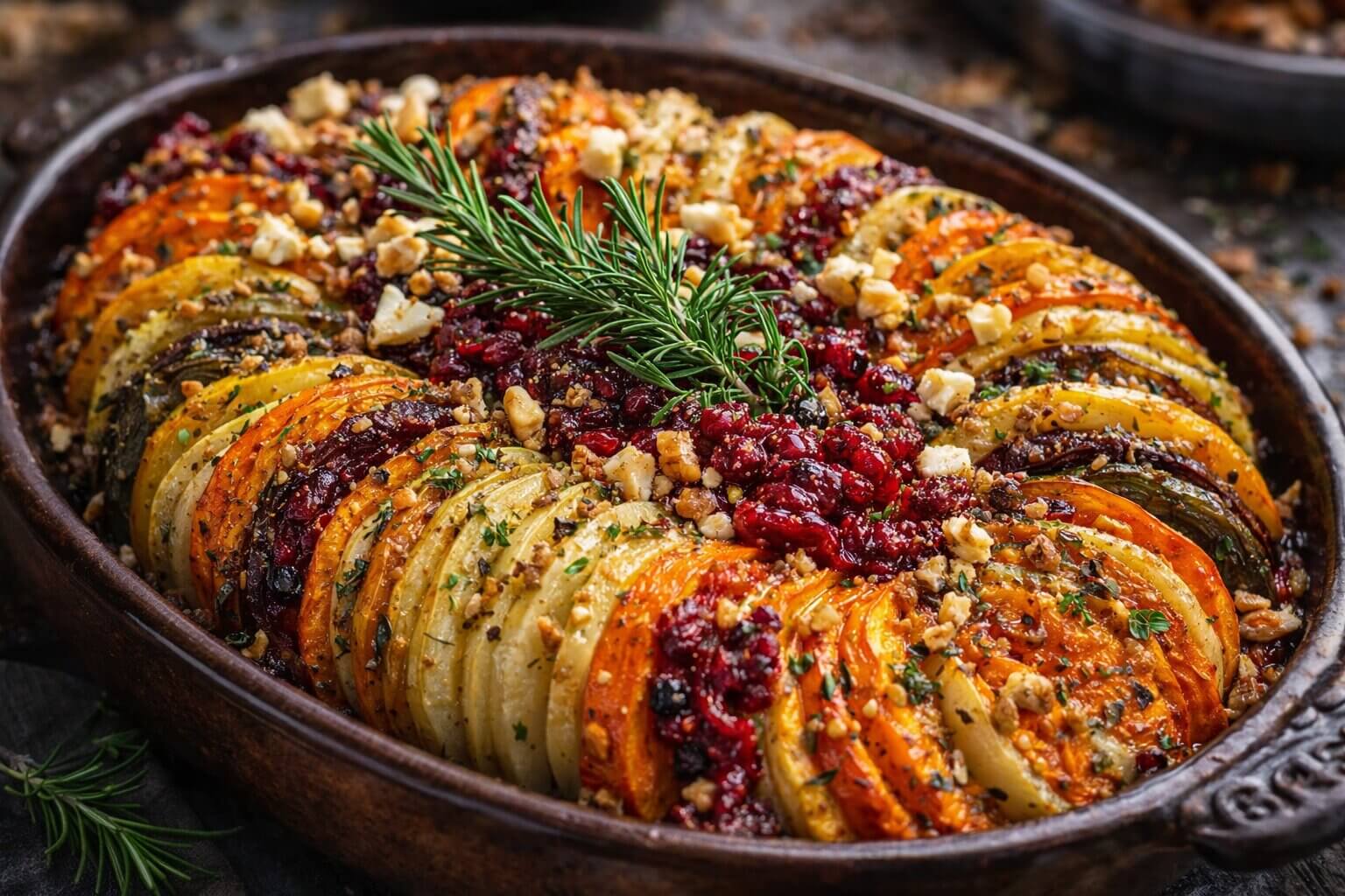 Layered Sweet Potato Squash and Parsnip Bake with Cranberry Honey Drizzle in a ceramic dish.