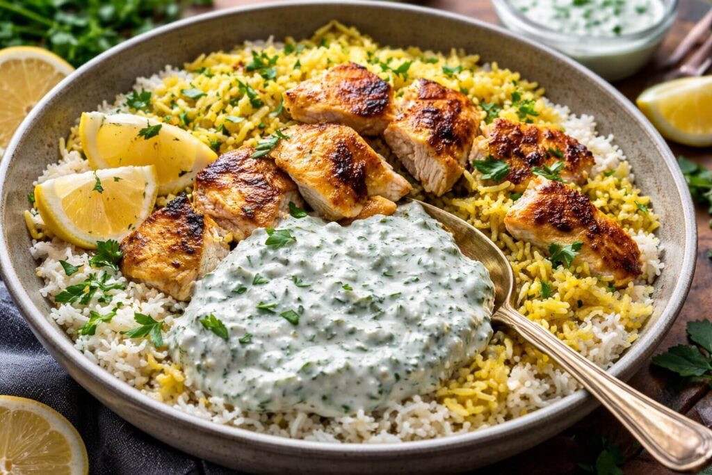 Dump-and-bake chicken tzatziki with rice in a white baking dish.