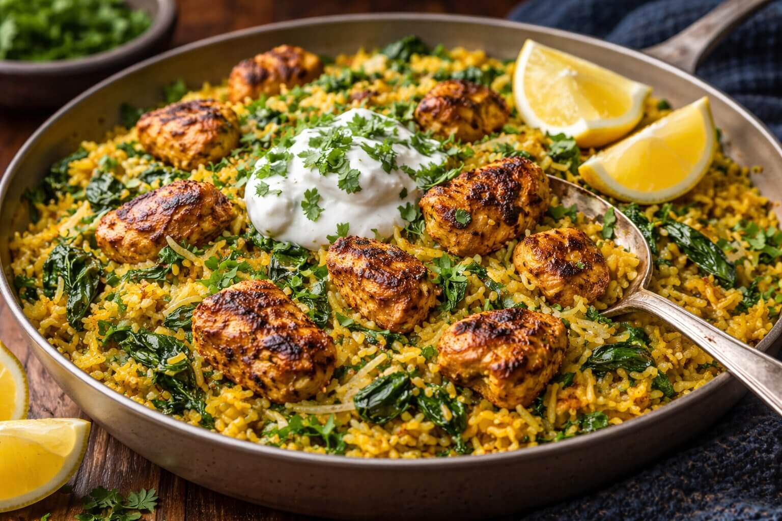 Golden turmeric chicken and spiced basmati rice topped with yogurt and fresh herbs in a bowl.