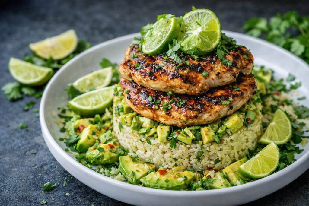 Honey Lime Chicken and Avocado Rice Stack on a white plate.