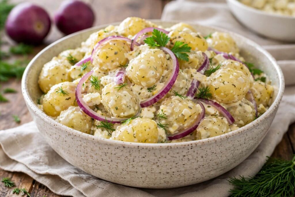 Mediterranean creamy potato salad with Greek yogurt and fresh dill in a white bowl.
