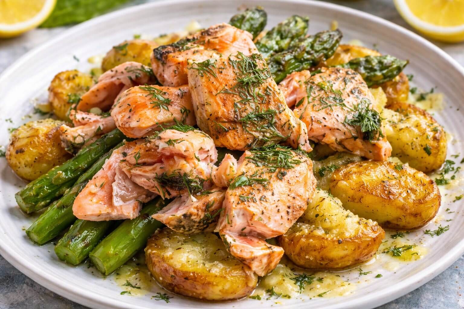Flaky Salmon with Crispy Potatoes and Asparagus Recipe on a cast iron skillet.