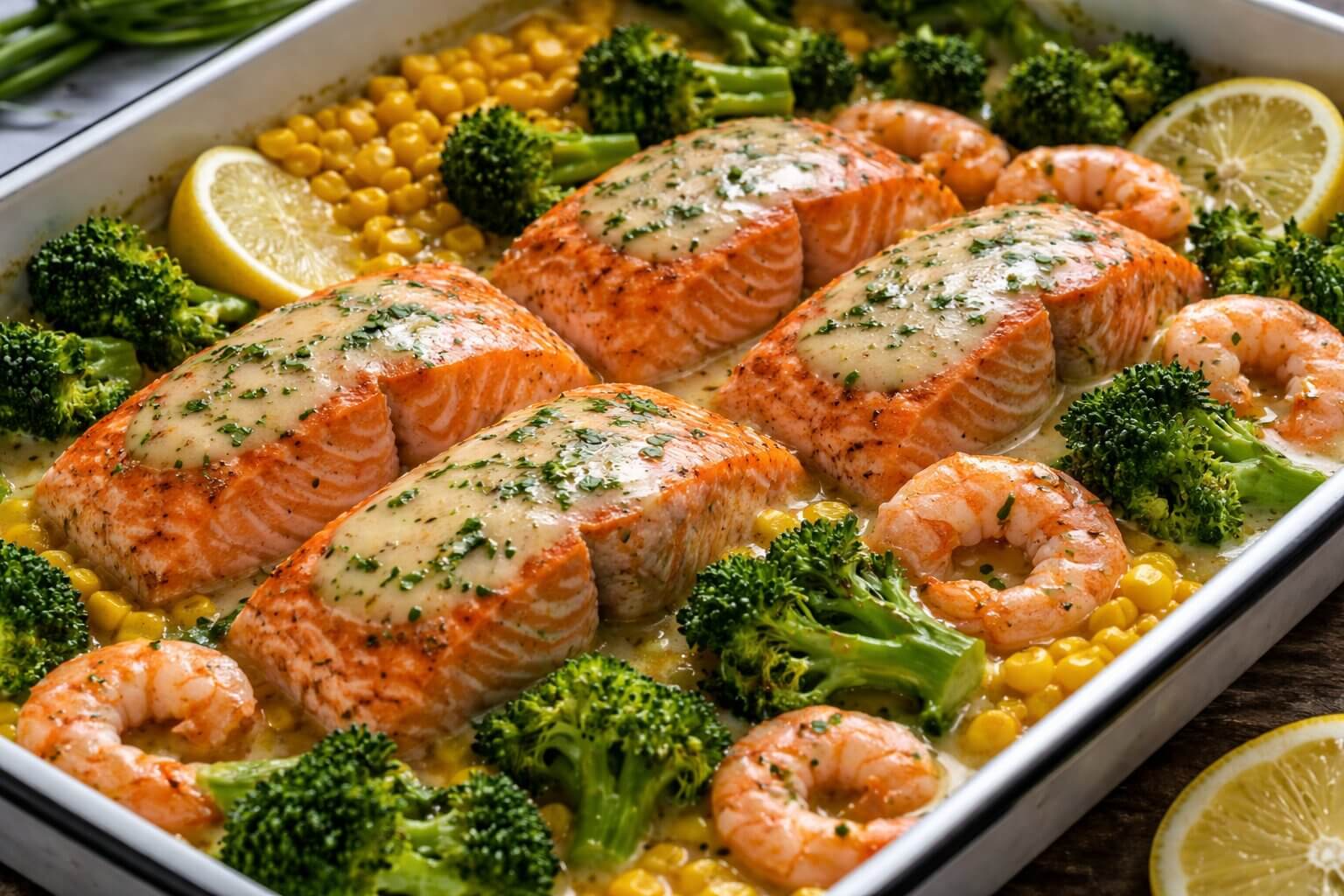 Mediterranean salmon and shrimp bake in a pan