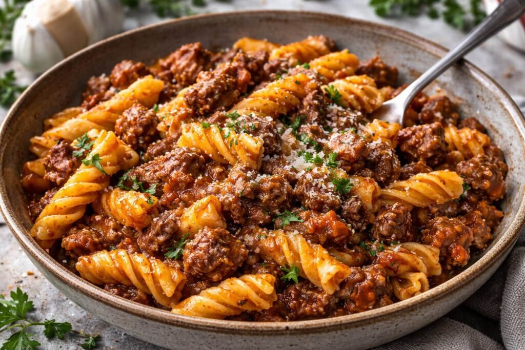 Mediterranean Garlic Beef Pasta with fresh parsley and feta in a bowl.