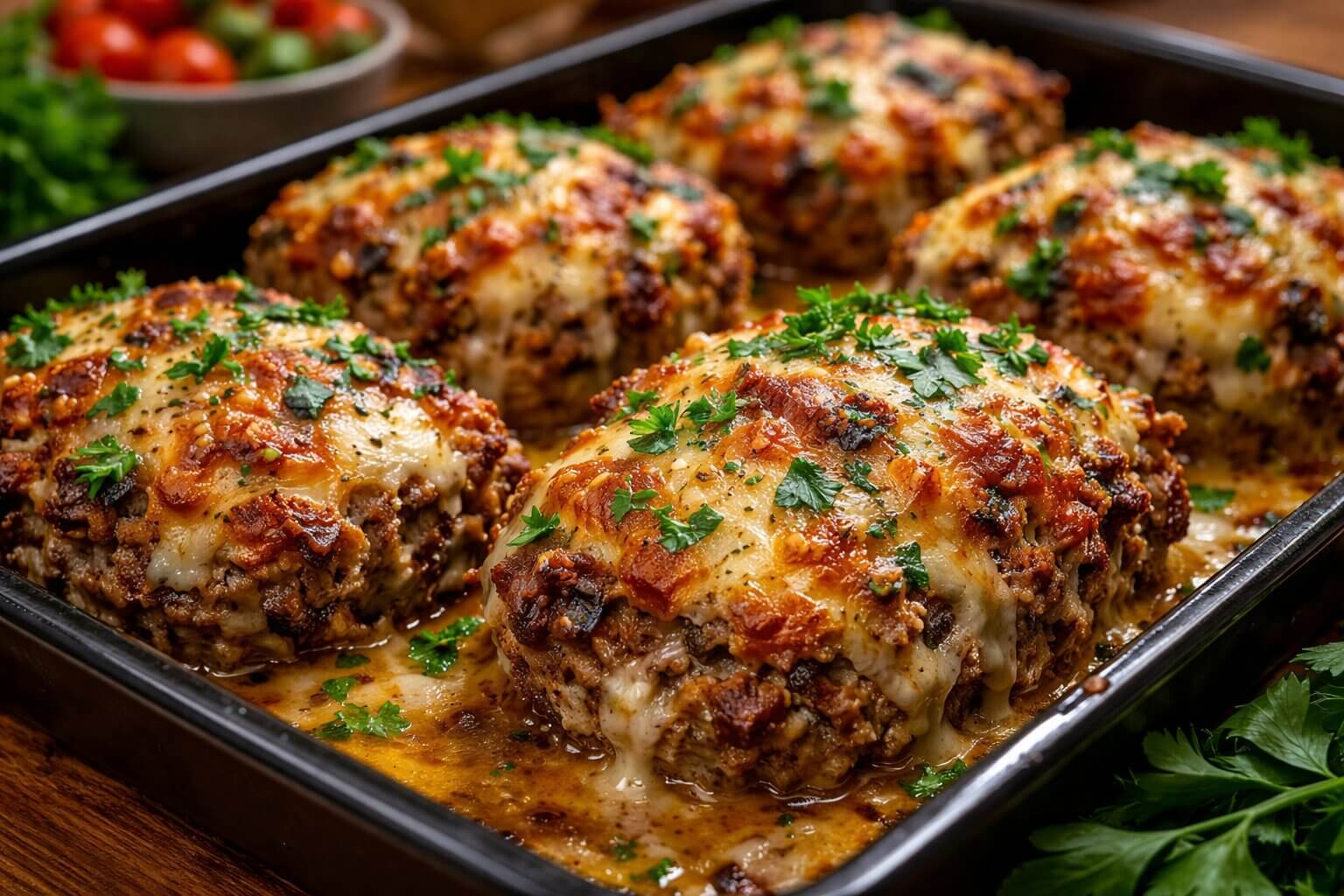 Juicy Garlic Parmesan Chicken Meatloaf sliced on a board.