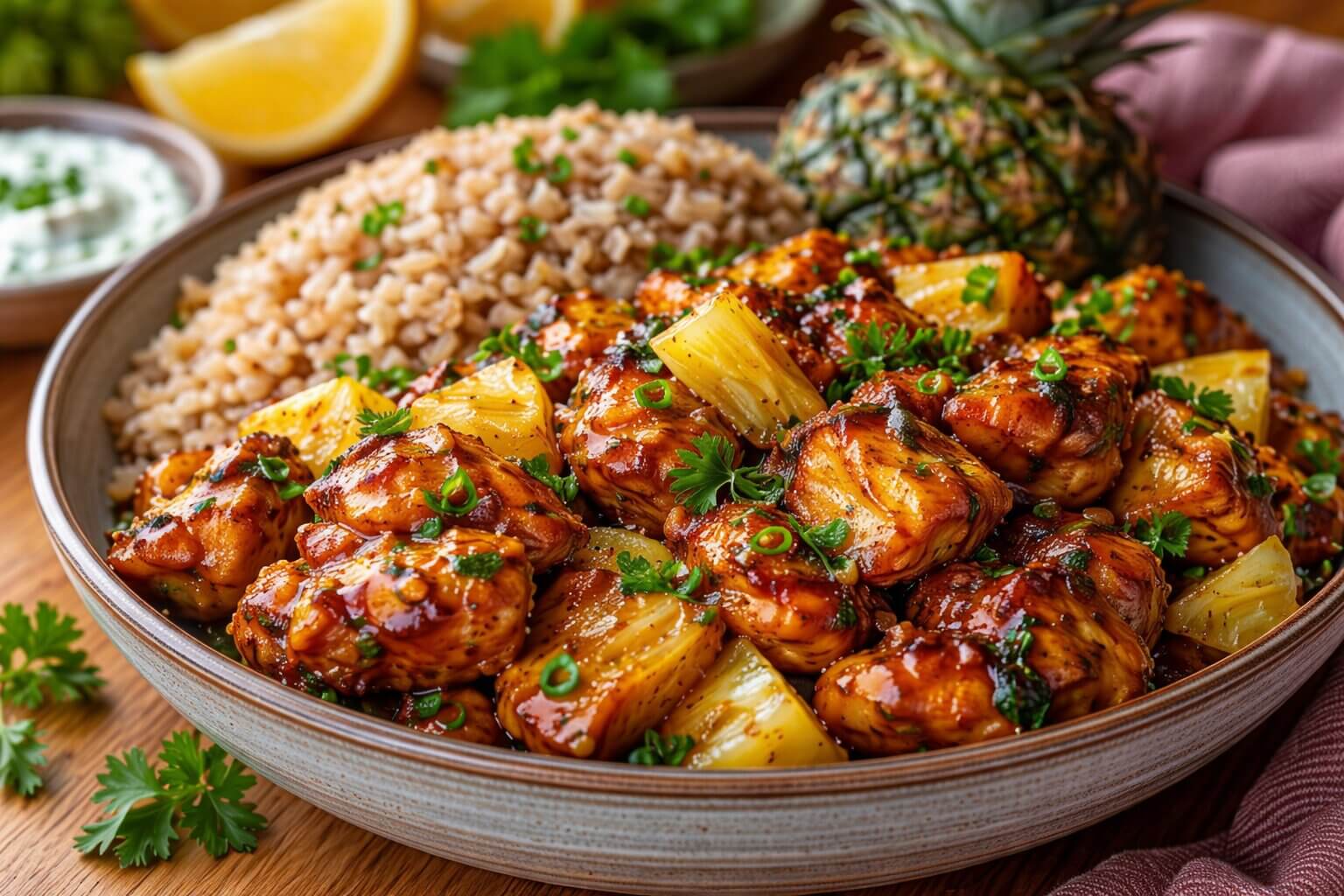 Mediterranean Sticky Pineapple Ginger Chicken in a skillet.