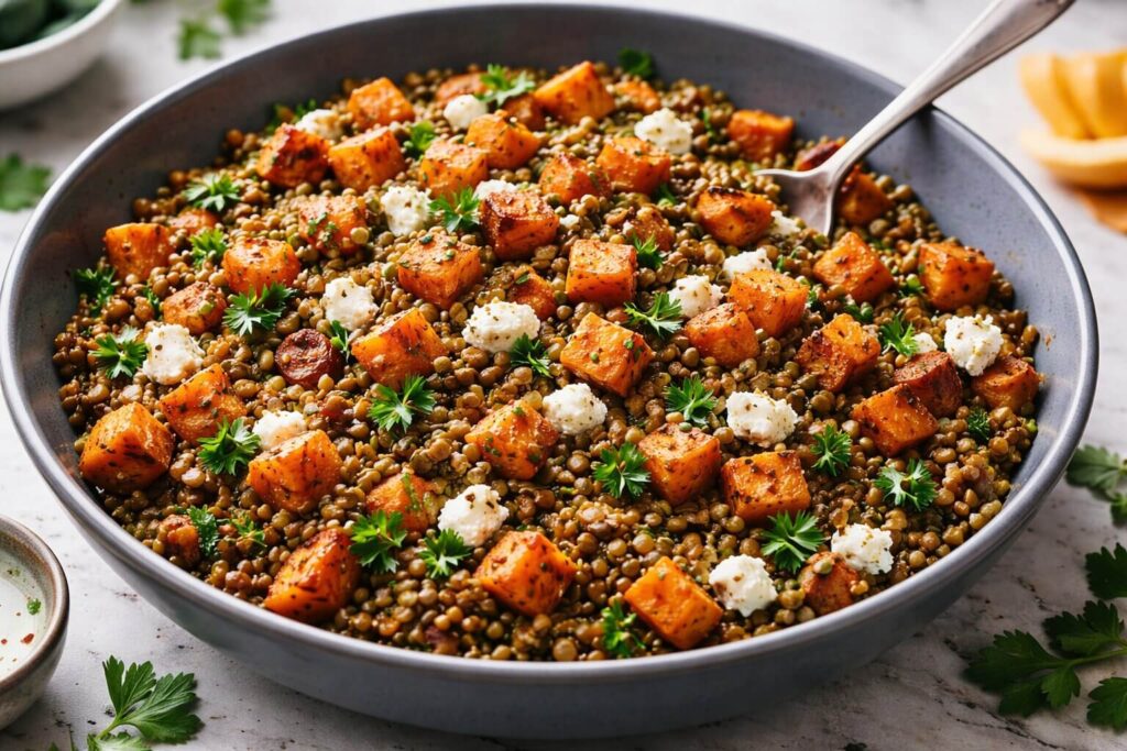 Brown Butter Lentil and Sweet Potato Salad in a bowl.