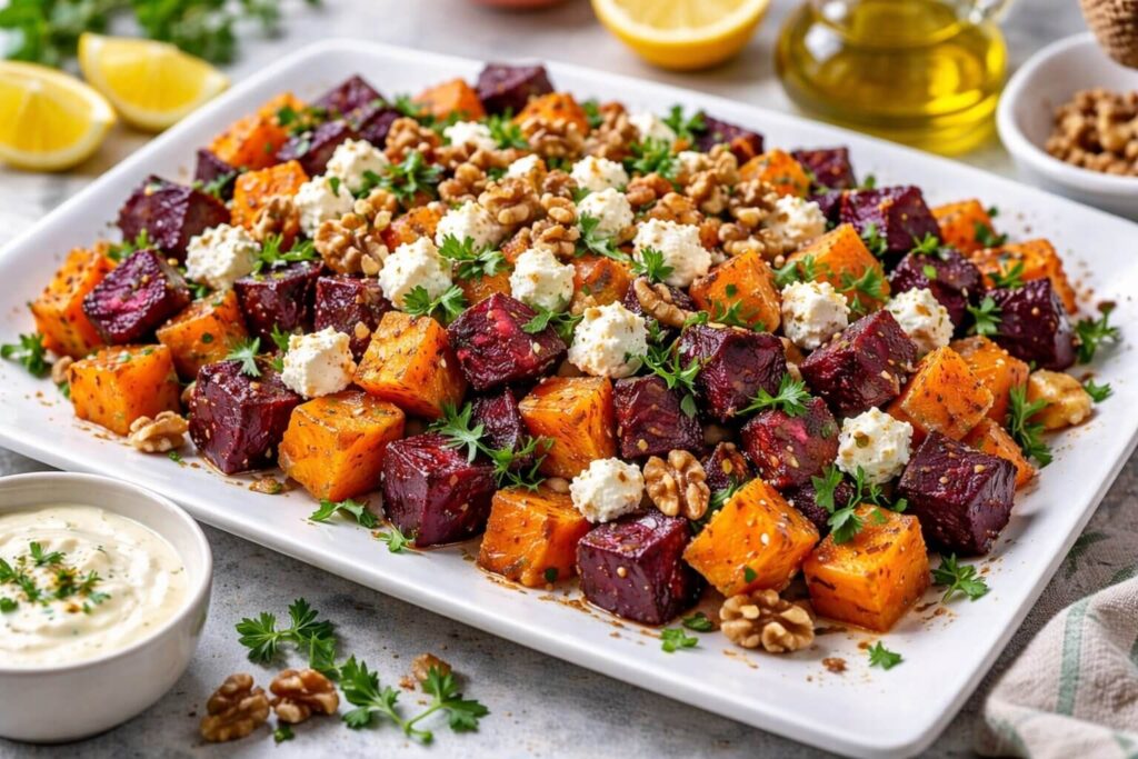 Roasted Beet and Sweet Potato Salad with Feta and Walnuts in a while bowl.