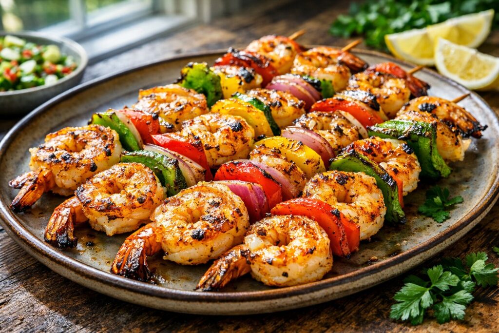 Grilled shrimp and vegetable kabobs on a platter with lemon.