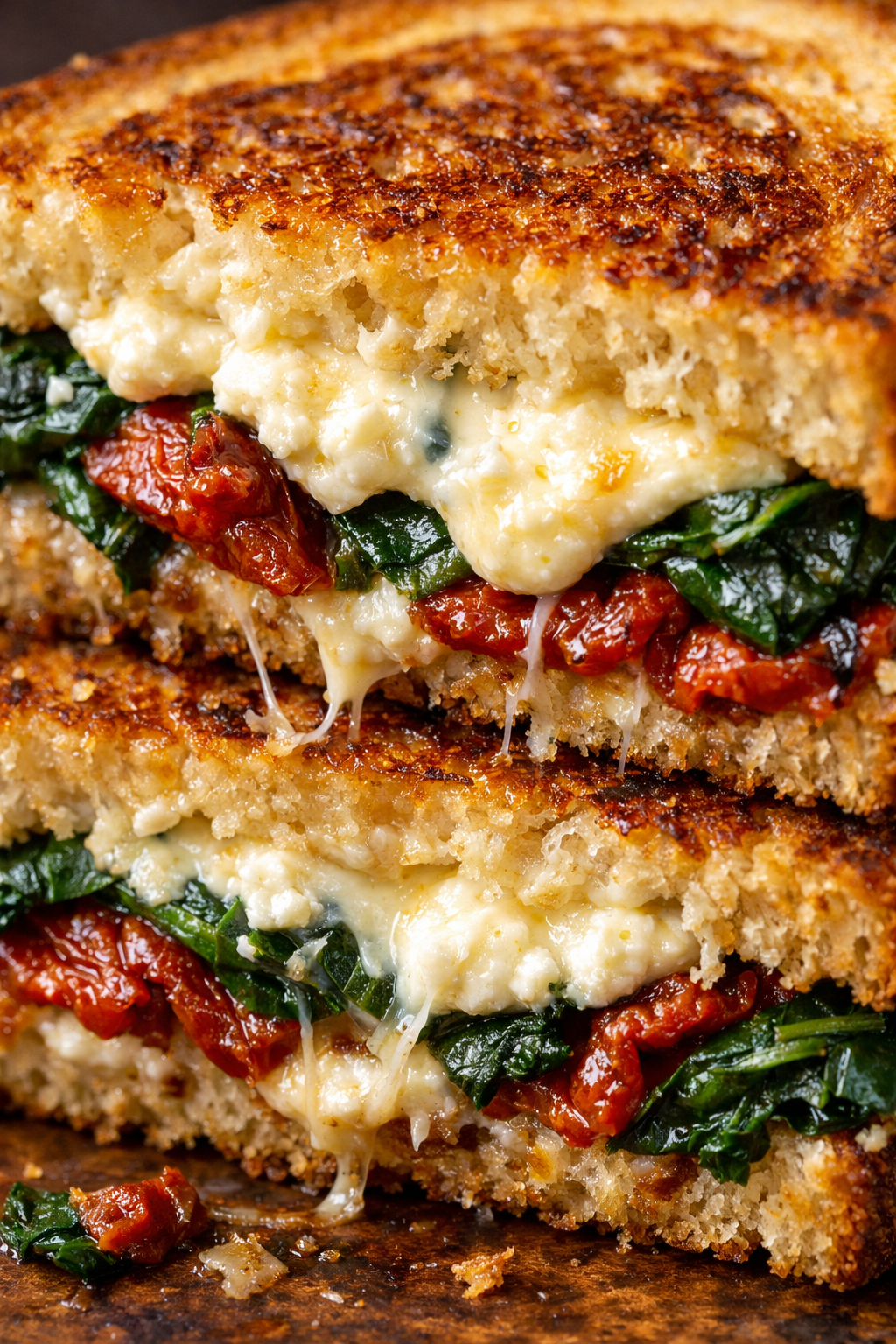 Sliced sun-dried tomato, spinach, and ricotta grilled cheese on a wooden board.