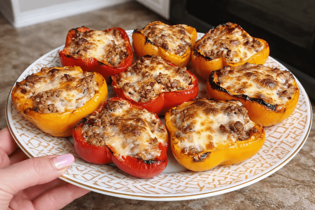 A platter of classic Mediterranean stuffed bell peppers with rice and herbs.