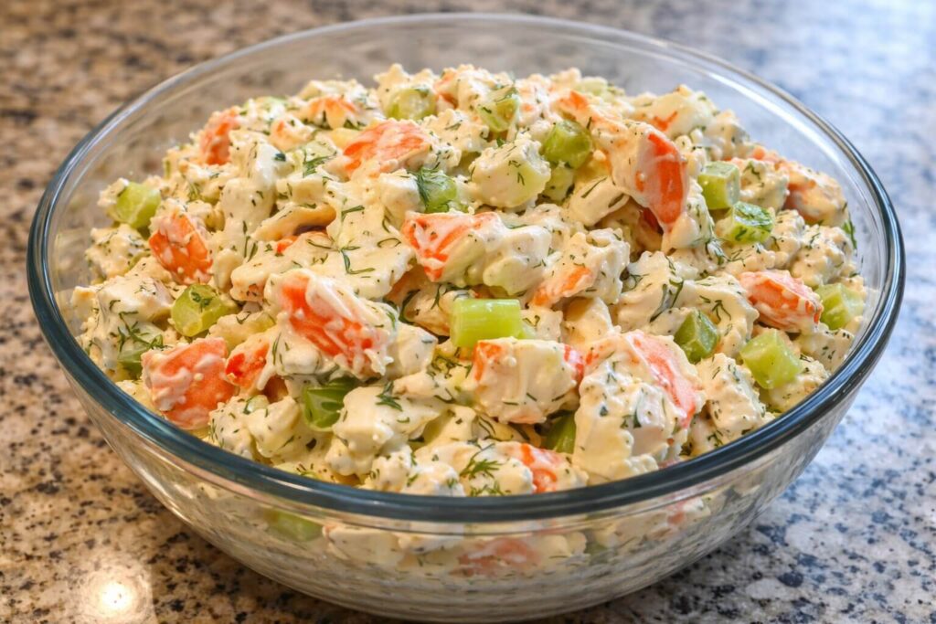 Creamy Mediterranean crab salad in a white bowl garnished with fresh dill.