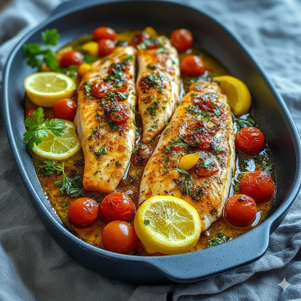 Top-down view of Mediterranean baked fish with tomatoes and olives in a white dish.