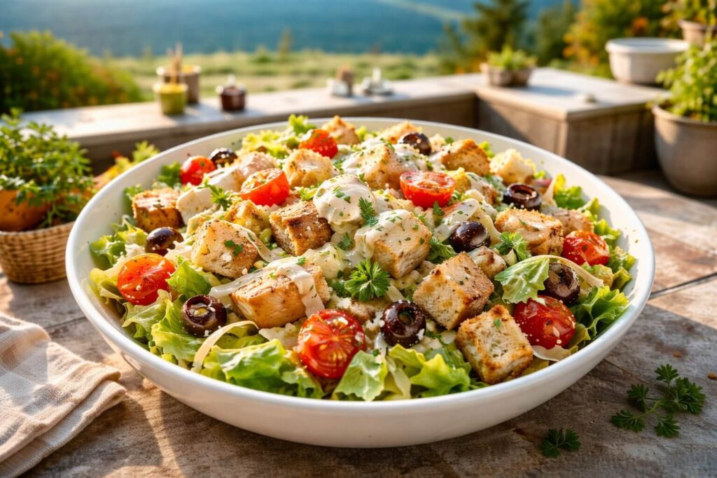Top-down view of a Mediterranean Chicken Caesar Salad in a wooden bowl.