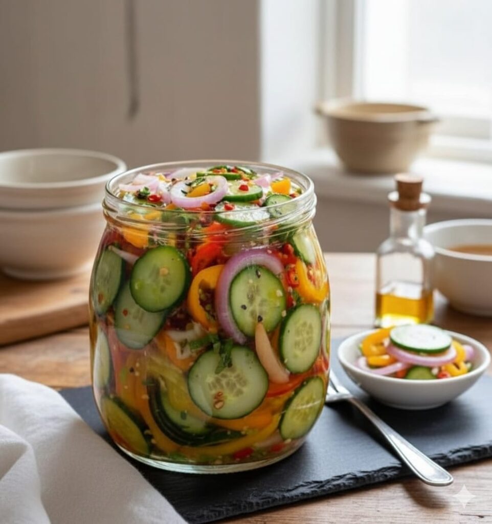 A bowl of Mediterranean pickled cucumbers and onions with fresh herbs.