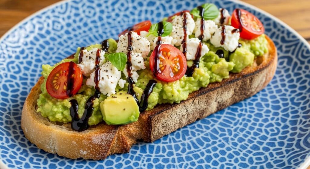Mediterranean avocado toast recipe with feta and cherry tomatoes.