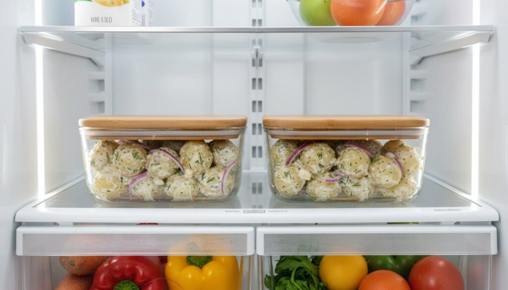 Storing healthy creamy potato salad in glass containers for meal prep.