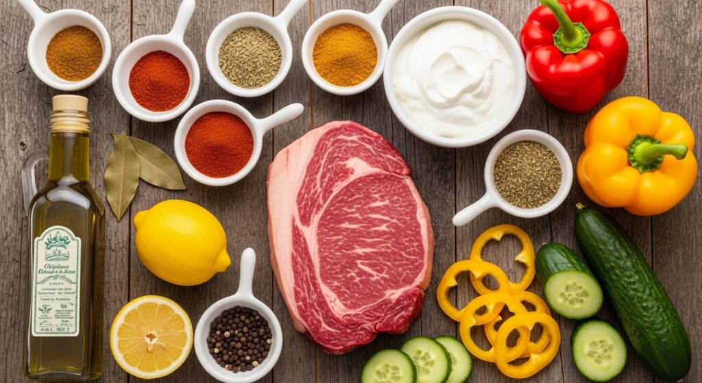 Raw ingredients for a Mediterranean beef fajita bowl recipe.