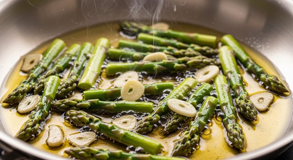 Sautéing garlic and asparagus in olive oil for pasta sauce.