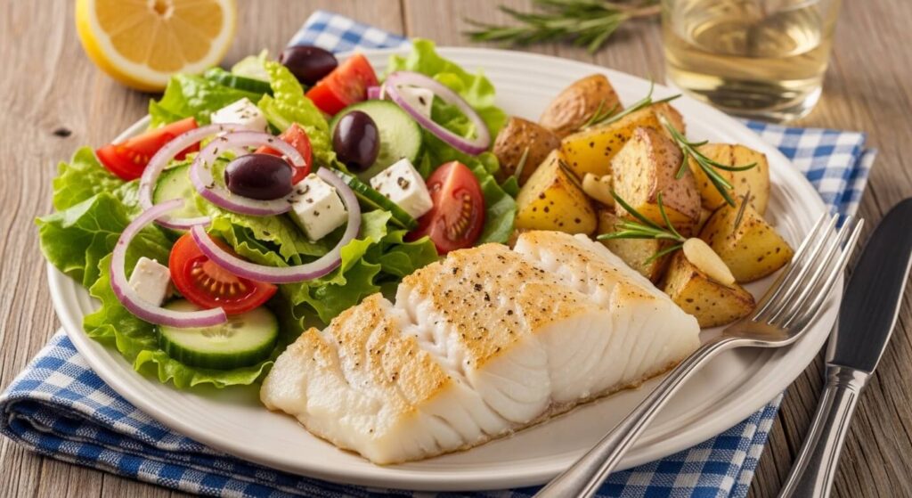 Mediterranean dinner plate with lemon garlic cod and Greek salad.