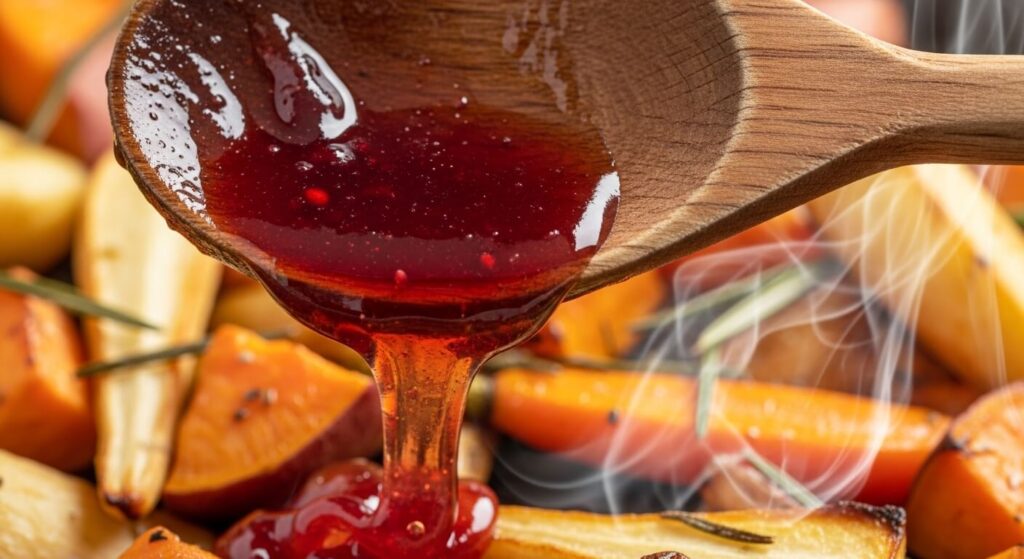 Cranberry honey glaze being drizzled over roasted sweet potatoes and parsnips.