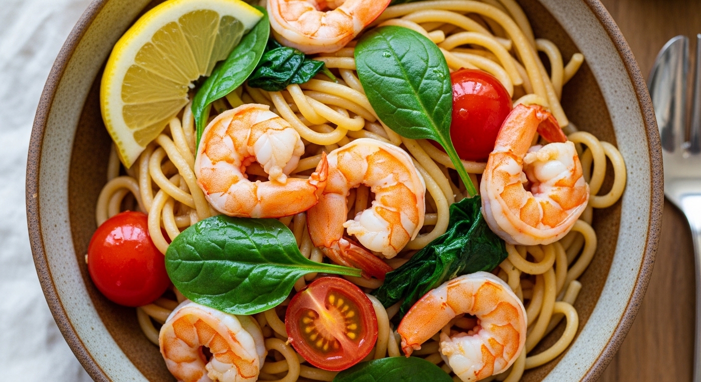 A bowl of healthy Mediterranean shrimp spinach pasta with cherry tomatoes and garlic.