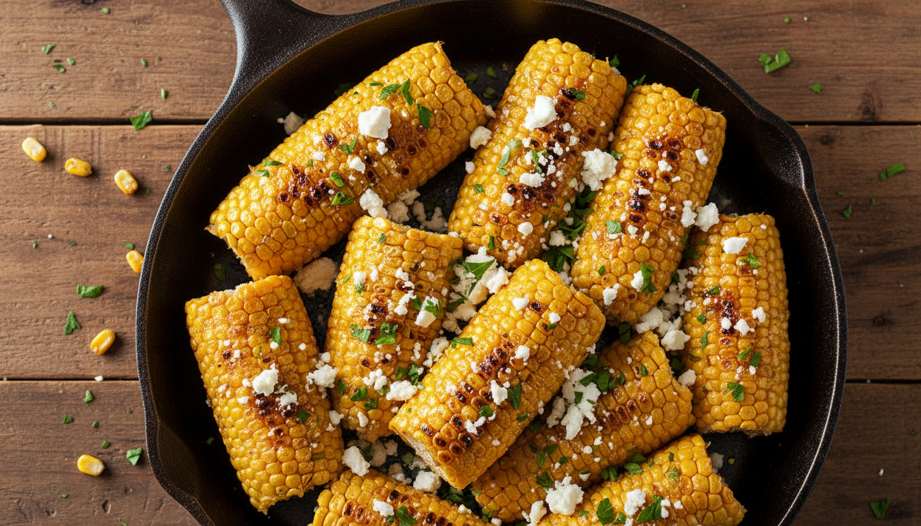 Top-down view of honey butter skillet corn in a cast iron pan with feta.
