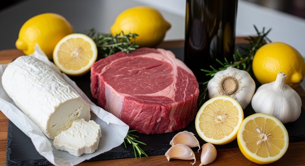 Fresh ingredients for a healthy Mediterranean burger recipe.