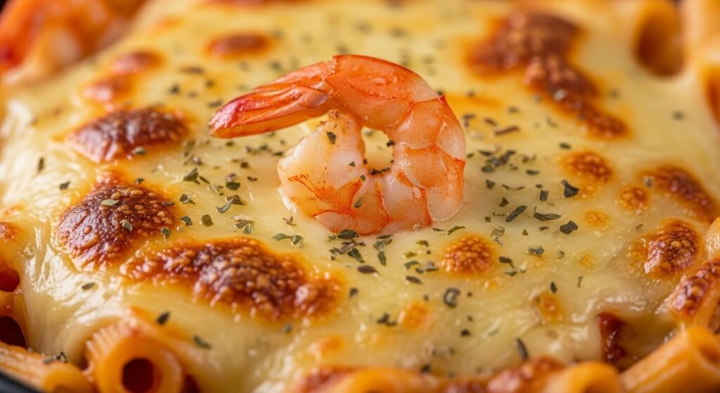 Macro detail of the golden cheese crust on a baked pasta dish.