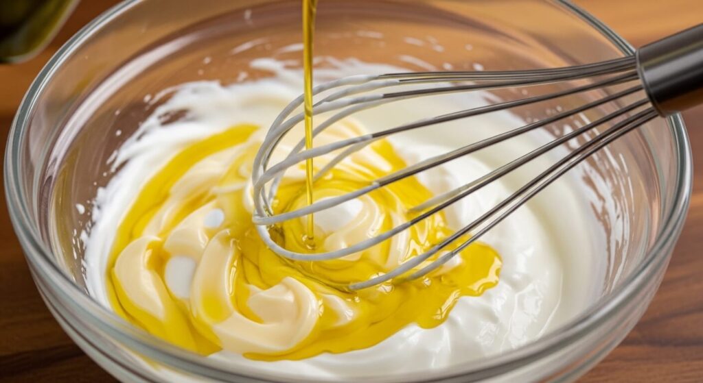 Whisking mayonnaise, Greek yogurt, and olive oil for crab salad dressing.