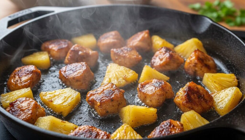 Caramelizing fresh pineapple for Mediterranean chicken recipe.