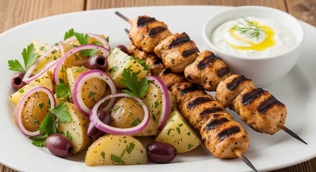 Greek potato salad served as a side dish with grilled chicken skewers.