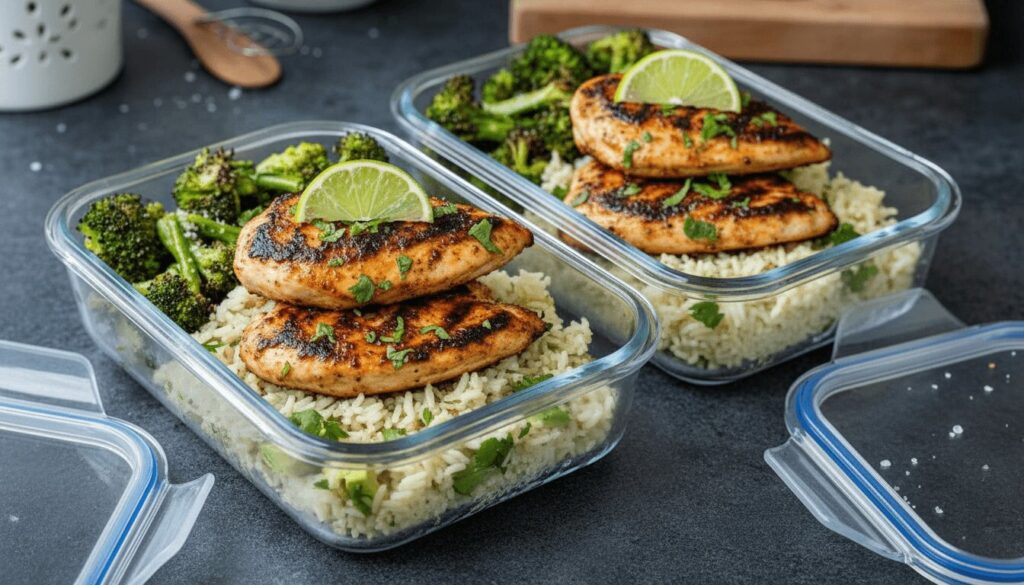Healthy chicken and rice meal prep containers.