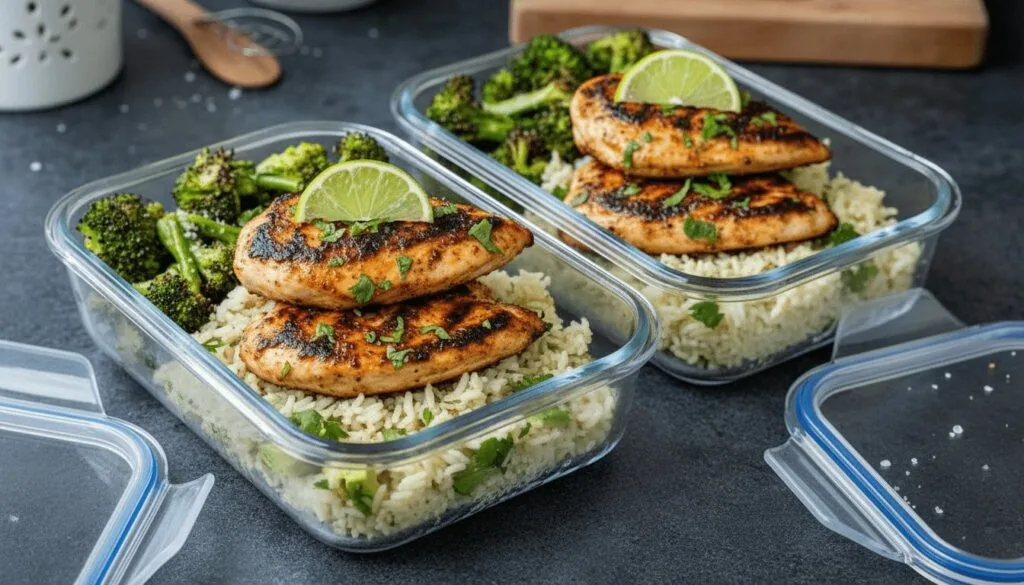 Healthy chicken and rice meal prep containers.