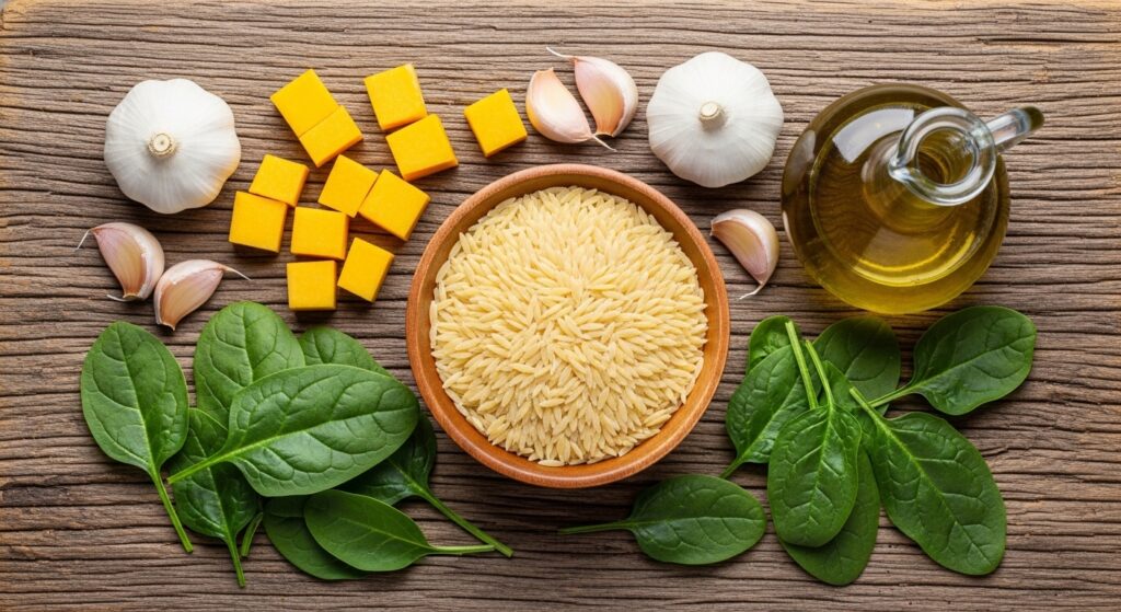 Ingredients for Mediterranean orzo recipe including squash, spinach, and garlic.
